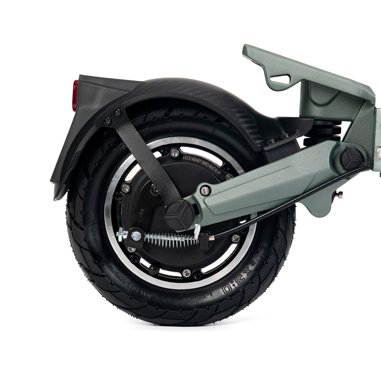 Rear wheel of Ausom GX1 electric scooter with black pneumatic tire and suspension system