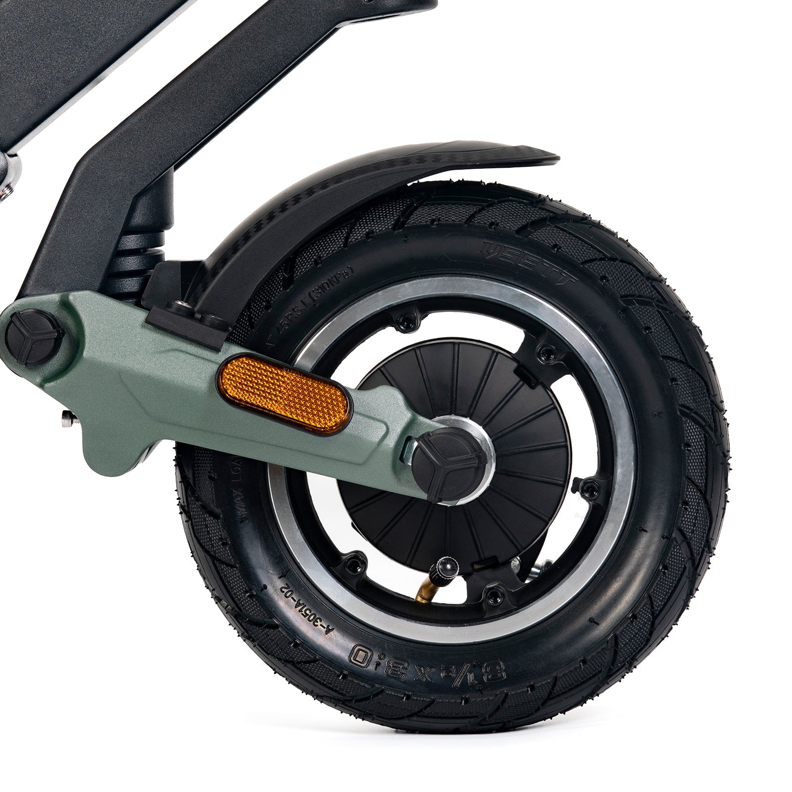 Close-up of the rear wheel and motor of the Ausom GX1 Electric Scooter with 8.5-inch pneumatic rubber tires and integrated electric hub motor.