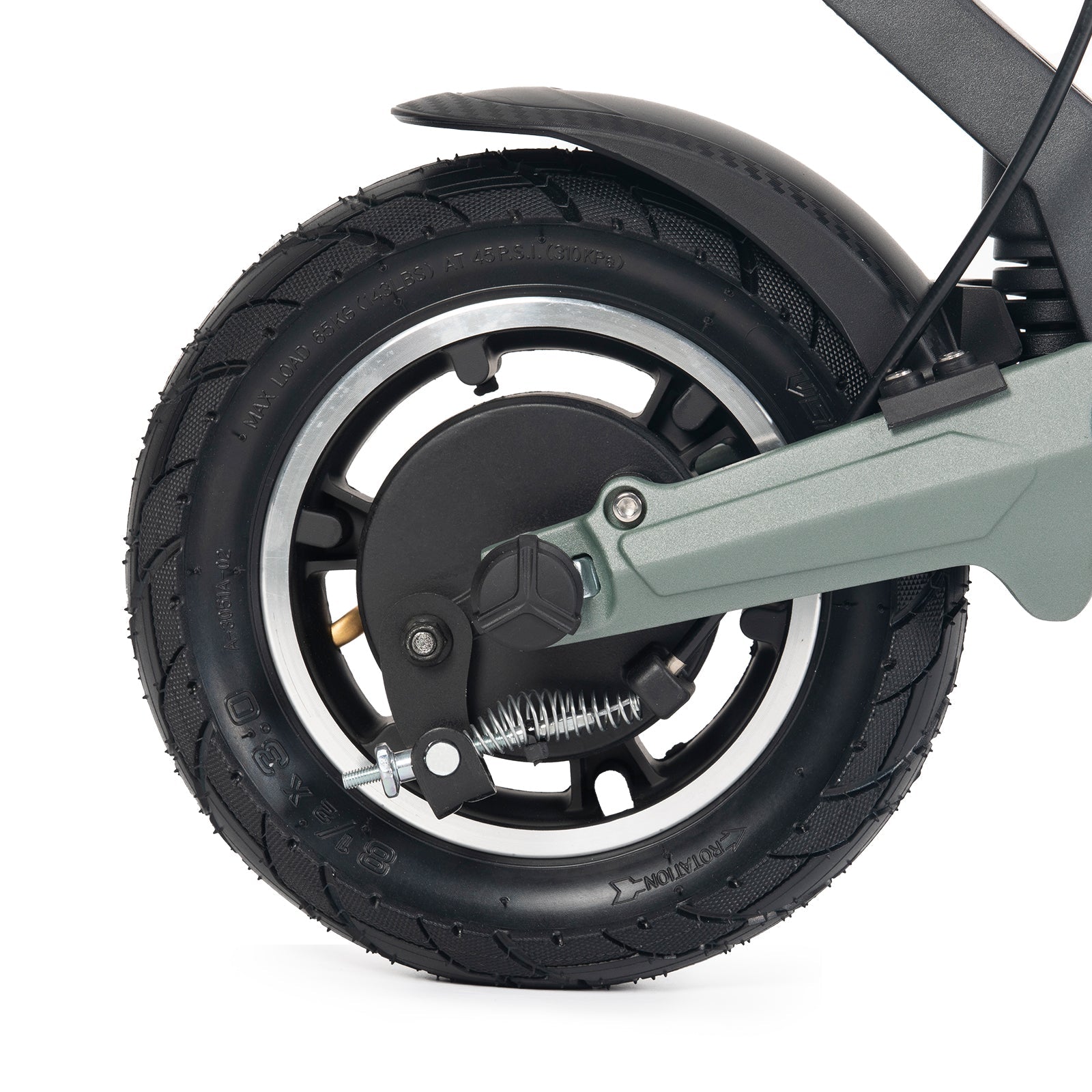 Close-up of the Ausom GX1 Electric Scooter rear 8.5-inch pneumatic rubber tire with brake mechanism and motor assembly