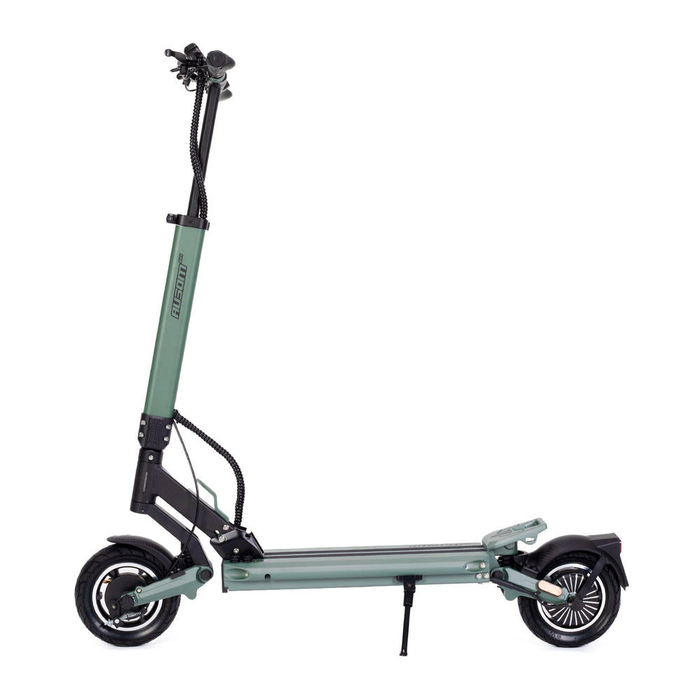 Ausom GX1 Electric Scooter with 48V 15.6Ah battery, 500W brushless motor, 65-80 km range, 25 km/h max speed, and 8.5" pneumatic tires in green and black design