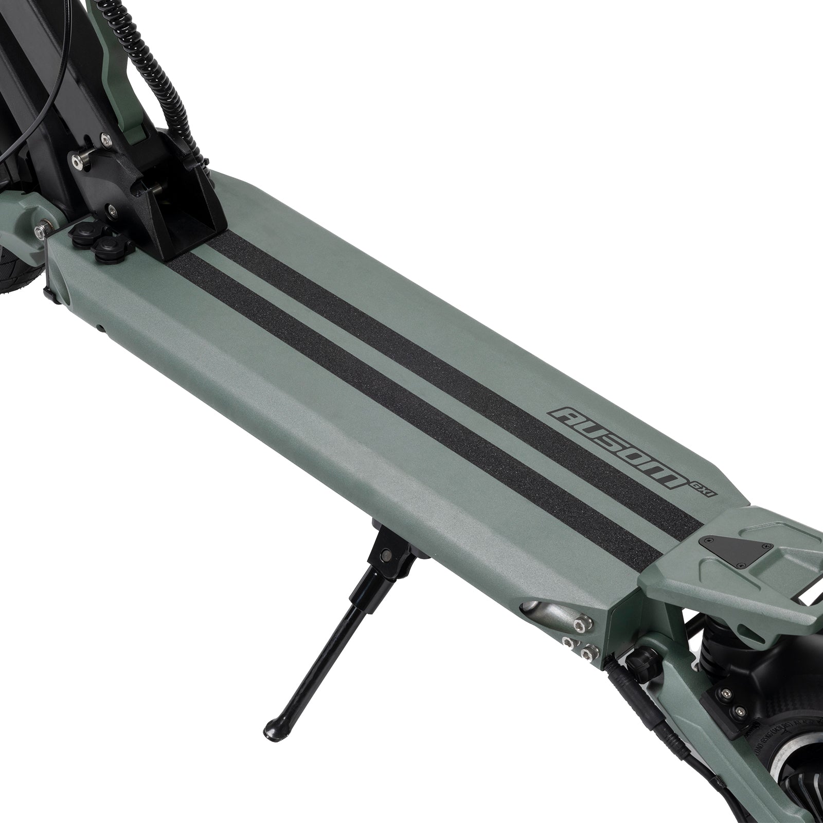 Close-up of Ausom GX1 Electric Scooter deck with kickstand in grey color and black grip stripes
