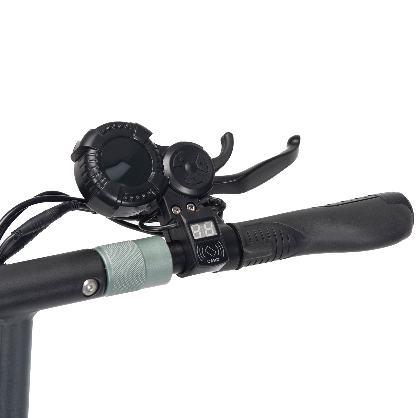Close-up view of Ausom GX1 electric scooter handlebar with throttle, bell, and digital display panel