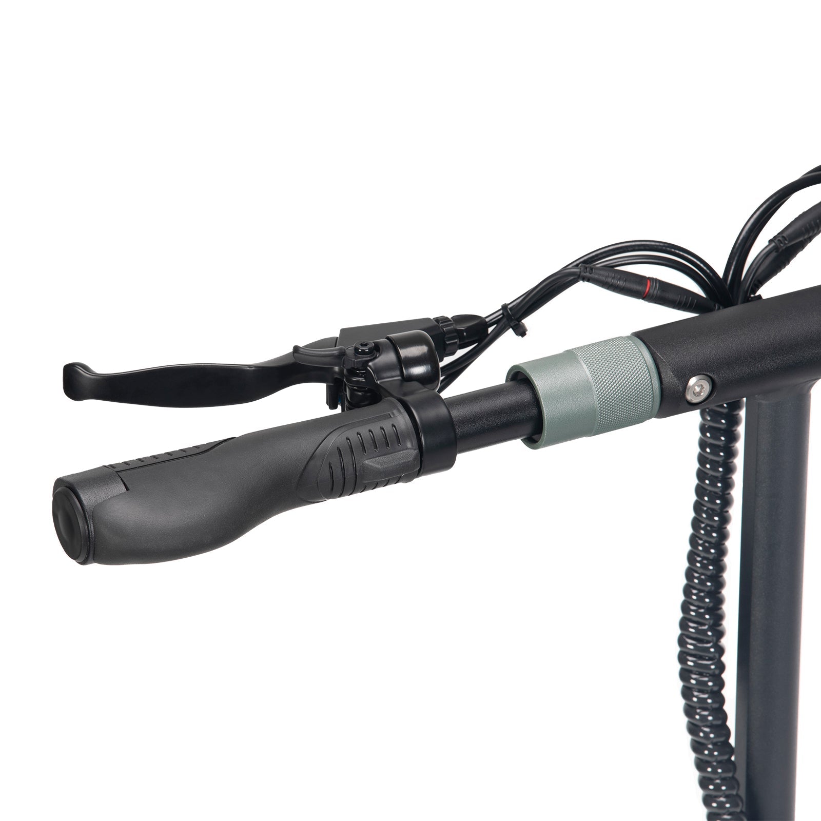 Handlebar and brake lever of Ausom GX1 Electric Scooter with ergonomic grip and wiring details.