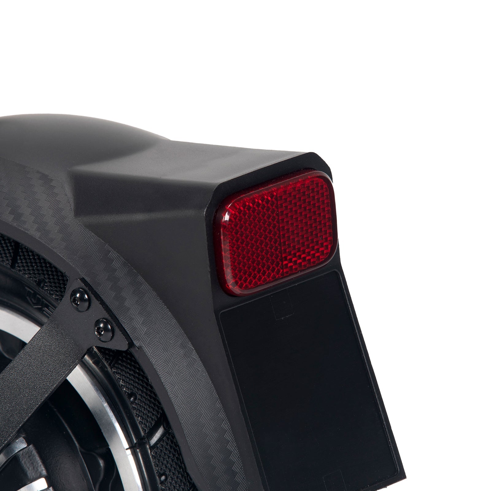 Rear view of Ausom GX1 Electric Scooter showing red reflector and black fender with textured design near pneumatic tire.
