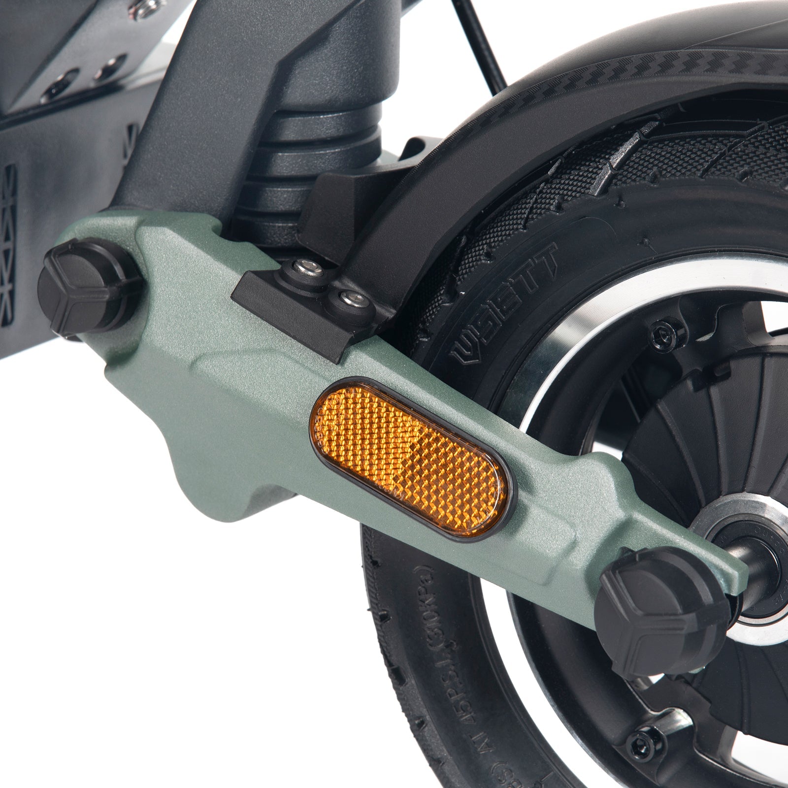 Close-up of Ausom GX1 Electric Scooter rear wheel and suspension arm with reflective orange reflector and pneumatic tire details