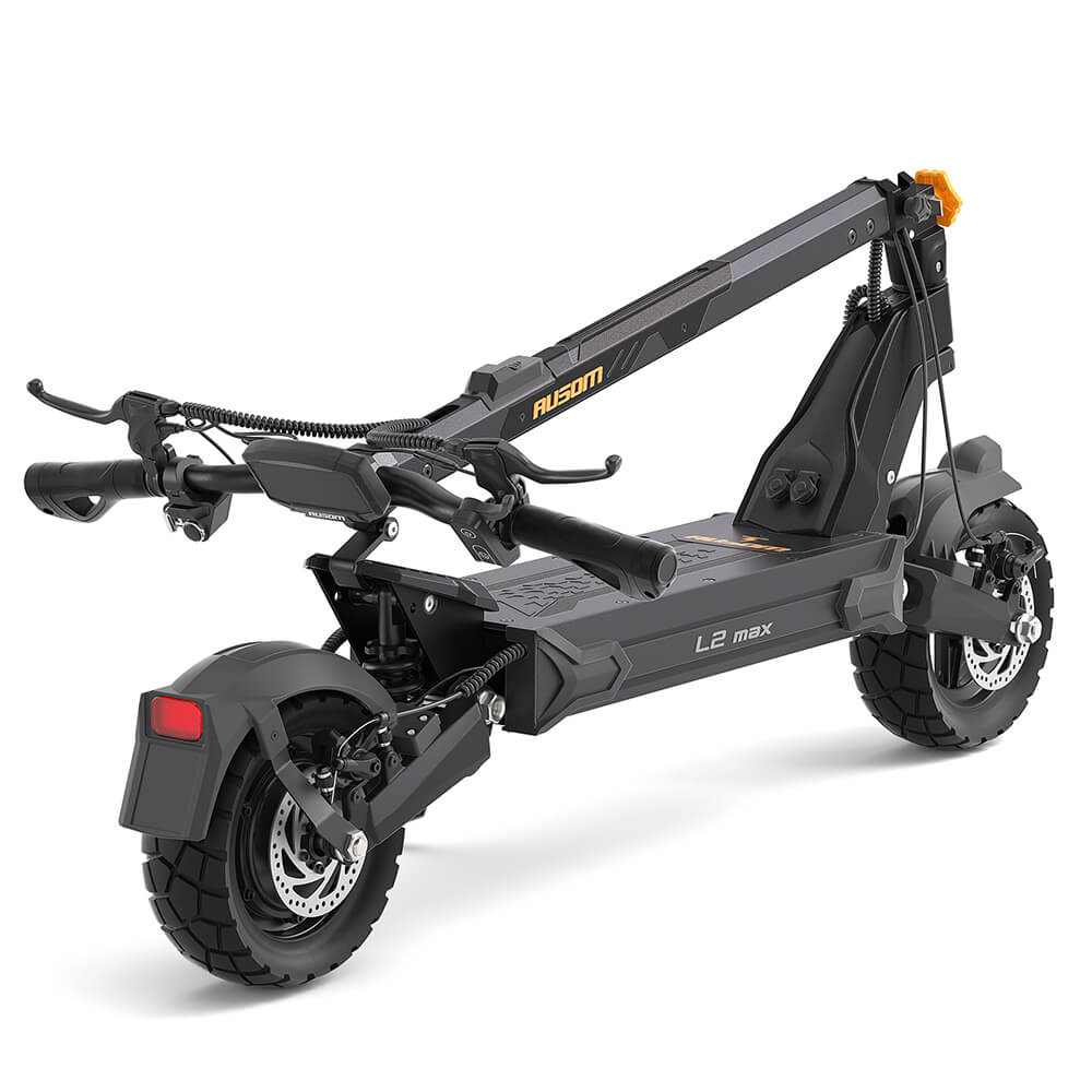 Folded Ausom L2 Max electric scooter with 1000W motor, 48V 20.8Ah battery, 10-inch tubeless tires, 31 mph max speed, and 56 miles range.