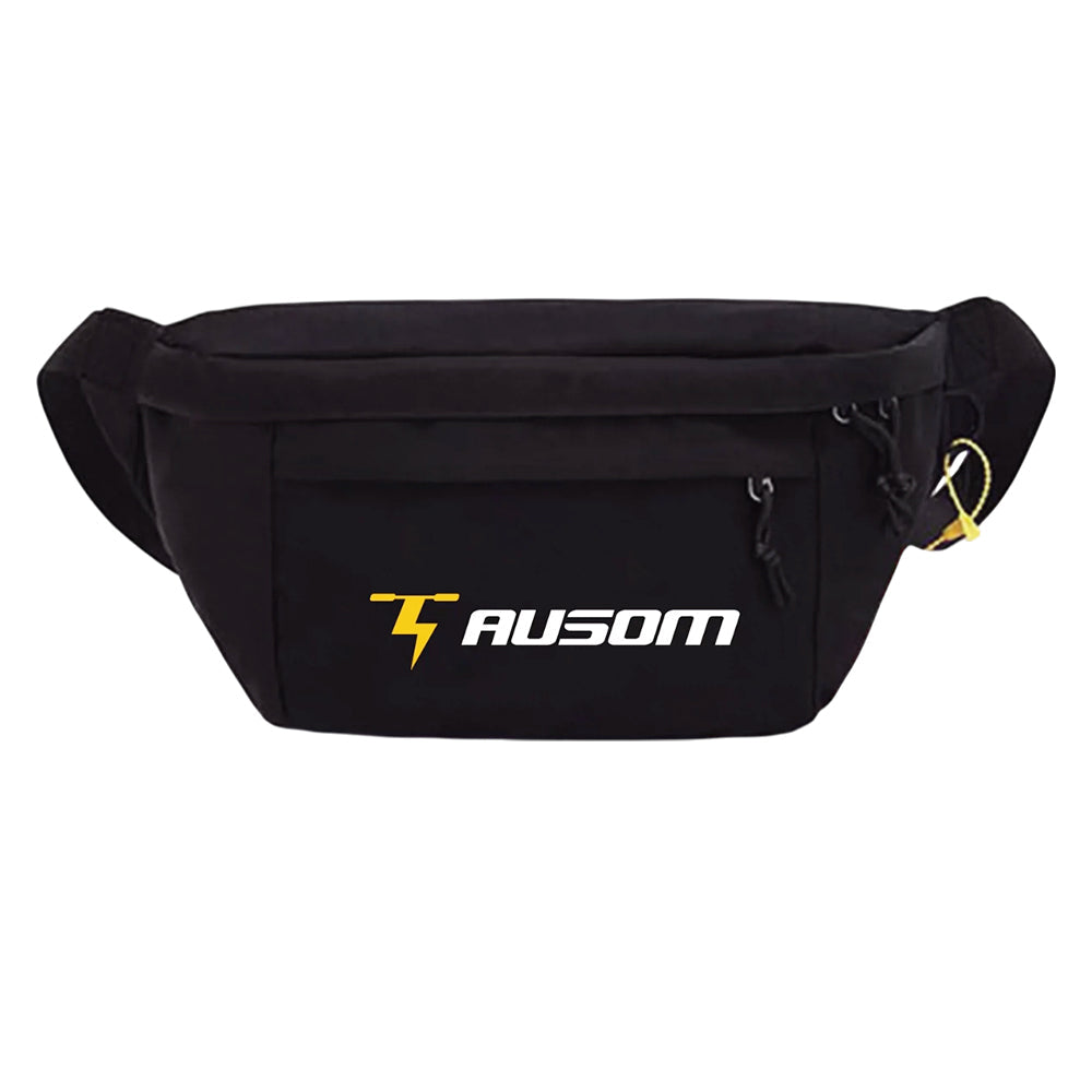 Black Ausom branded waist bag with front zipper pocket and adjustable strap
