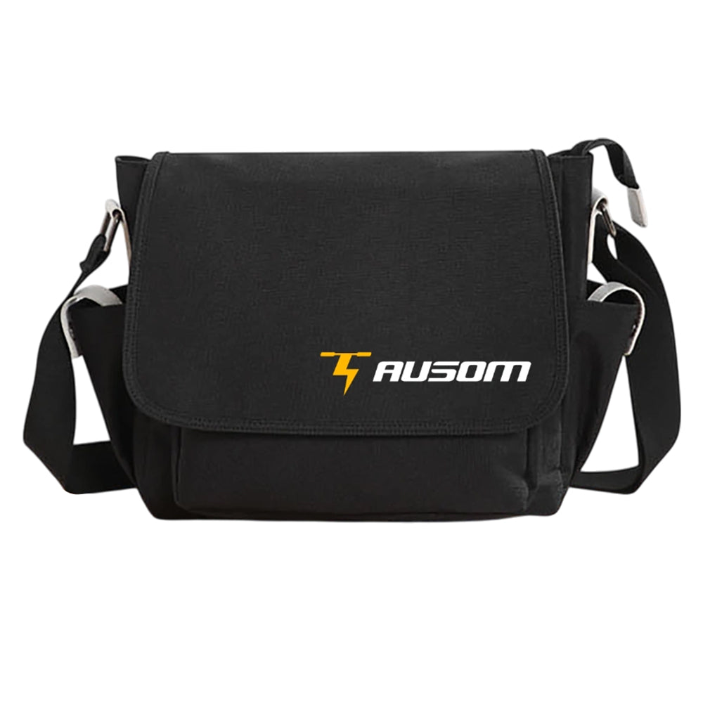 Black Ausom branded messenger bag with adjustable shoulder strap and front flap closure