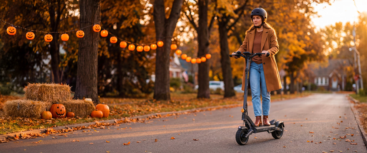 Woman in a brown coat riding a black electric scooter down a leaf-covered street lined with glowing Halloween pumpkin lights